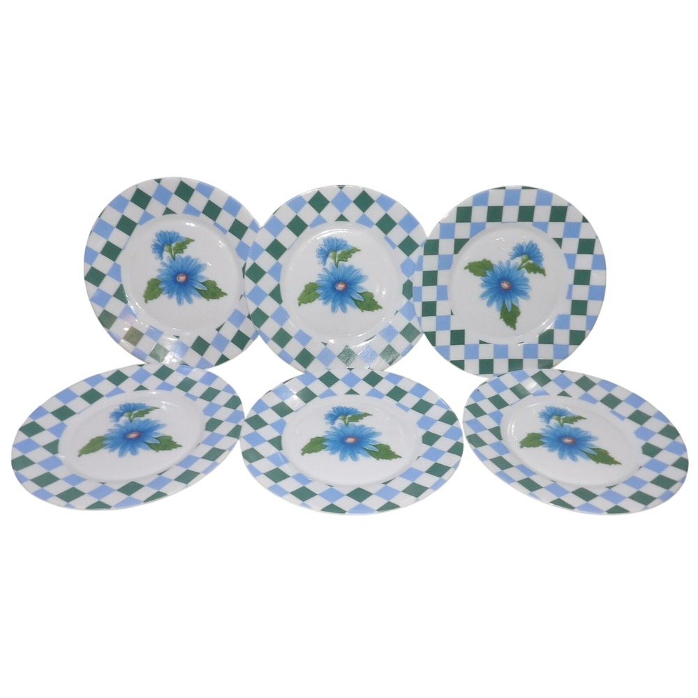 Arcopal France Harlequin Blue Floral Checkered Dinner Plates Set of 6 Vintage